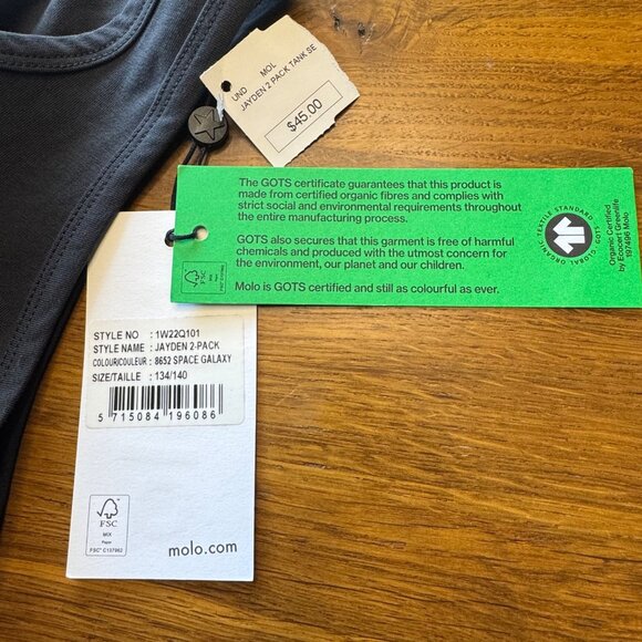 MOLO Jayden Charcoal Tank Top Boys 134/140 9-10 NEW Gray Organic Cotton NWT - Picture 5 of 5